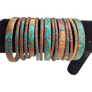 Vintage Boho Woven Rattan Bangle Bracelet Lot 15pc Turquoise Tribal Stacking